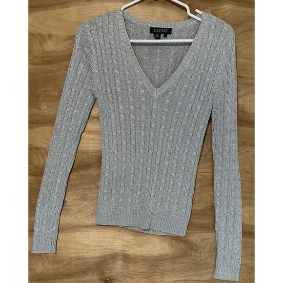 Ralph Lauren LRL Small Silk Blend Sweater Silver Metallic Pullover Cable Knit - Picture 1 of 5